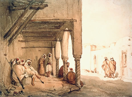 Groupe de huit guerriers algériens au repos, sous un portique, 1830