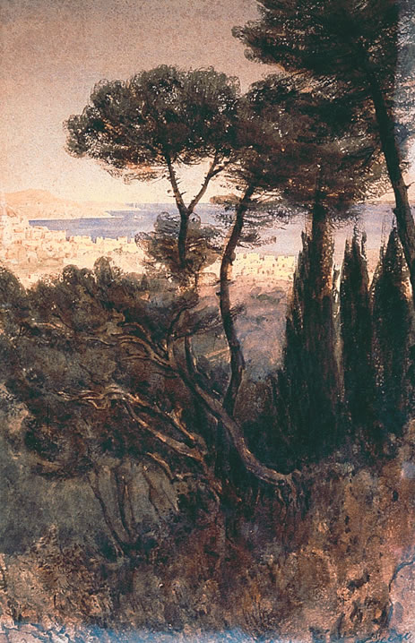 Nice à travers les pins de la propriété Fricero, vers 1860