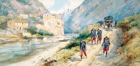 Artilleurs de montagne face au village de Fontan dans la vallée de la Roya