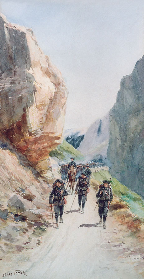 Chasseurs alpins en marche dans une vallée