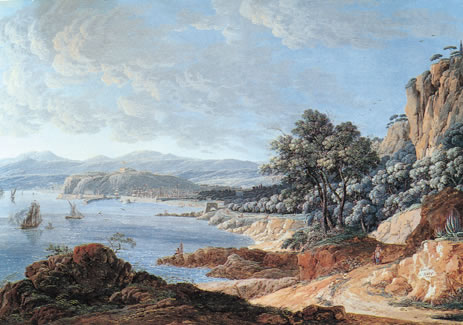 Vue de la ville de Nice. Entrée du port et fort Montalban, 1795